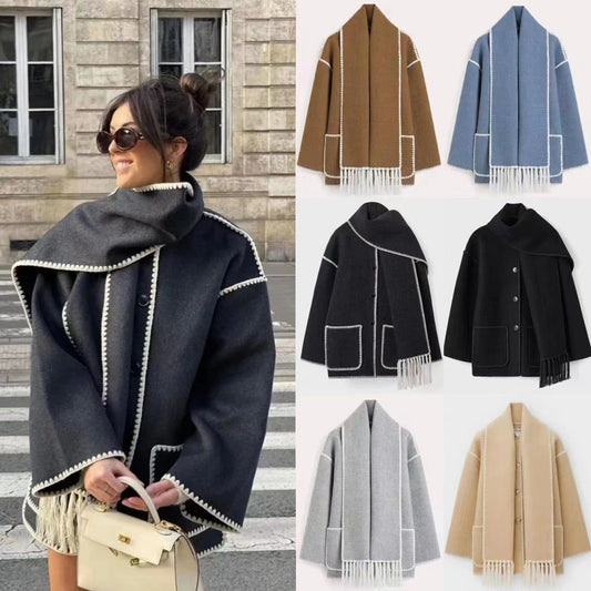 Manteau en Laine avec Écharpe Intégrée